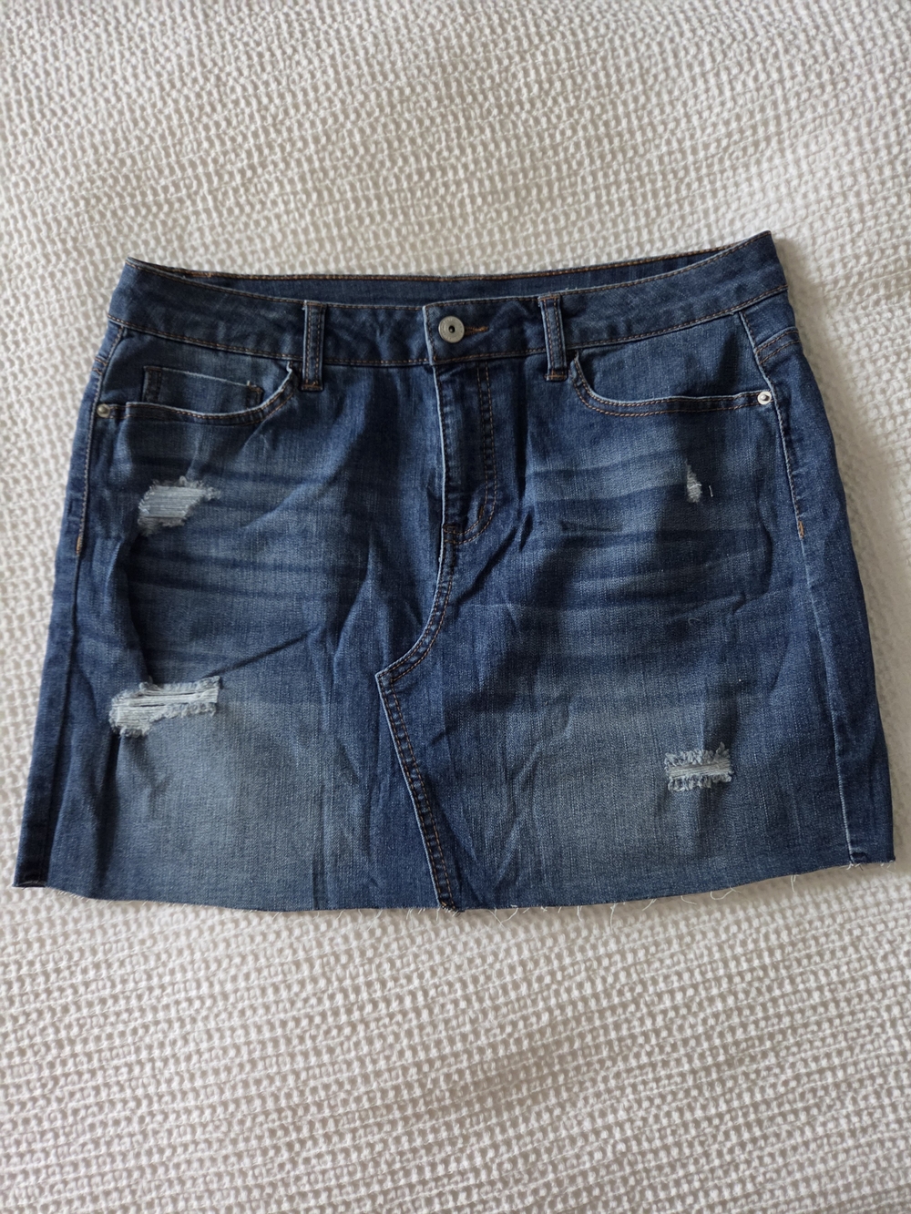 Vanilla Star Dark Blue Distressed Denim Mini Skirt
